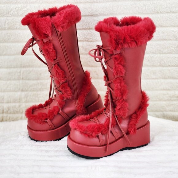 Cubby 311 Platform Furry Mammoth Red faux Fur Stomper Knee Boots - Picture 1 of 12